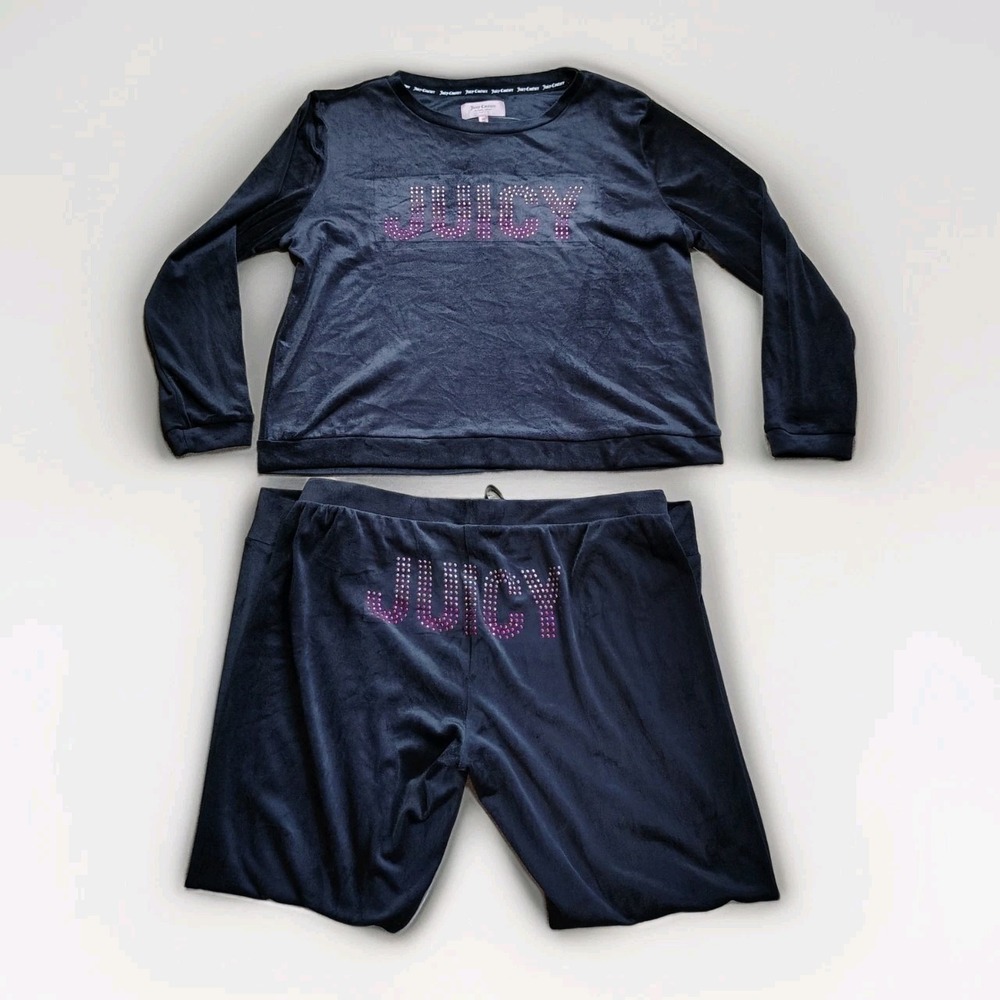 Juicy Couture Sleepwear Set XL Black‎ Velour Lounge Top Pants Rhinestone NWT